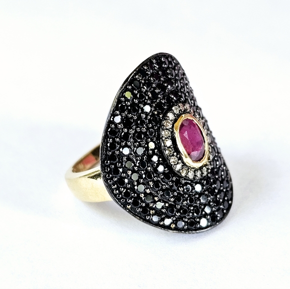 Genuine Carol Brodie Ruby & Black Spinel Ring Yellow Gold over 925 Sz 6! ✨️ - Picture 3 of 11